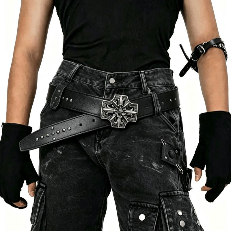 Chrome Hearts Knight Sword Cross Studded Leather Belt Punk Waist Belt