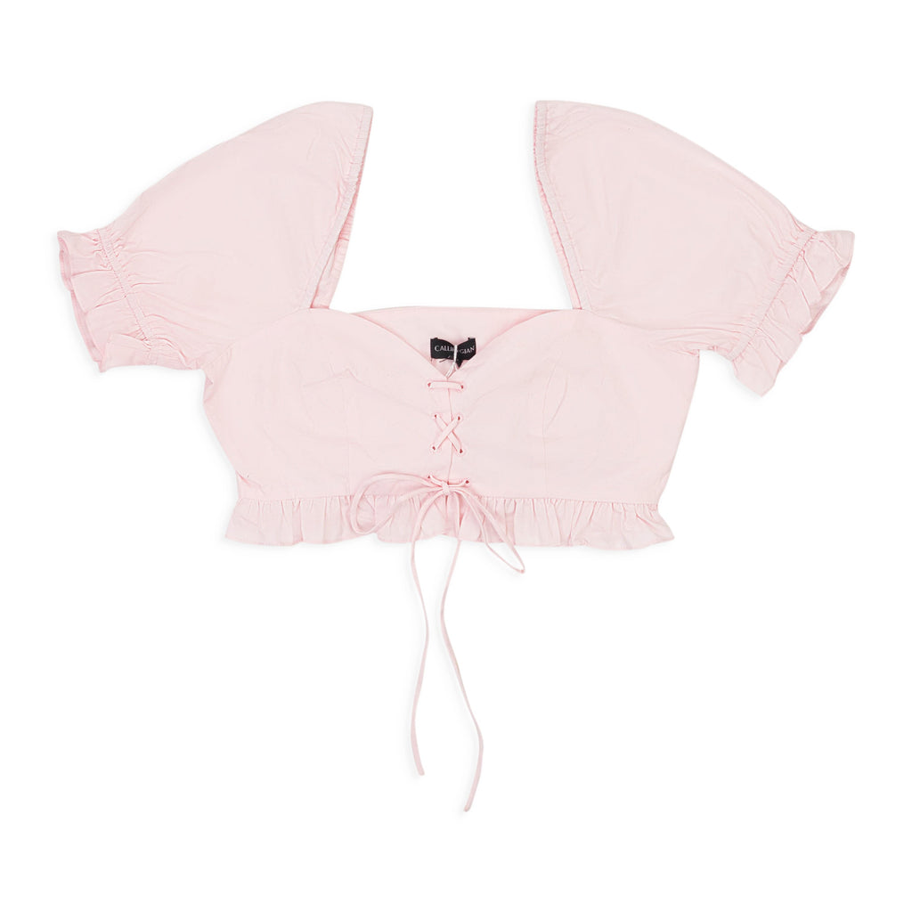 LACE UP RUFFLE PINK CROP TOP
