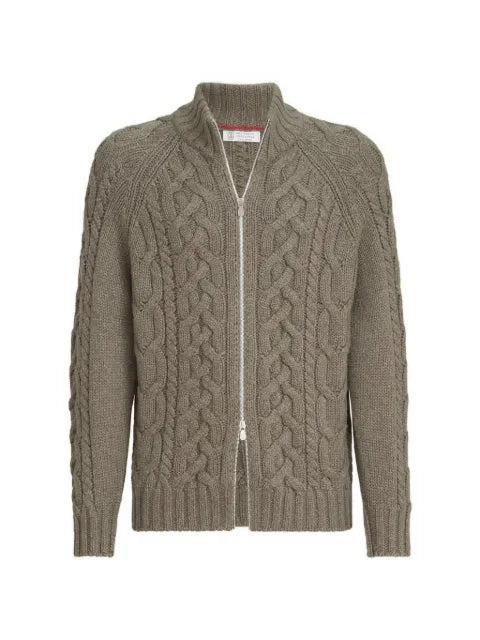 Brunello Cucinelli cable-knit cardigan in cashmere feather yarn with zipper