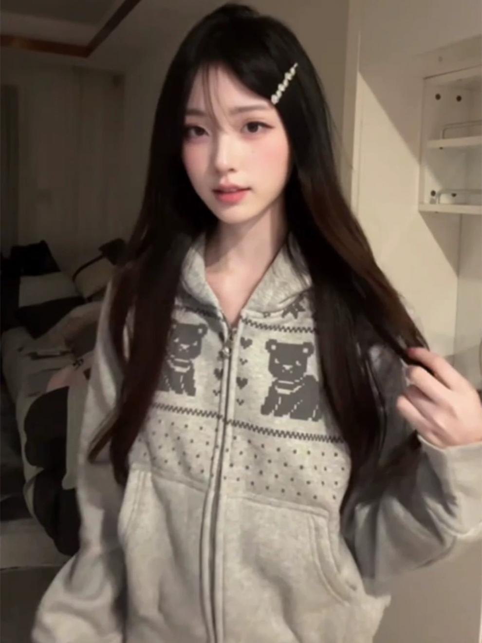 Korean Retro Nordic Bear Print Zip‑Up Hoodie Casual Loose Women Jacket