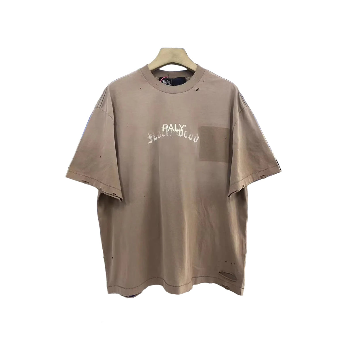 Paly Hollywood Letter Print Distressed Pocket Washed Crew Neck T Shirt
