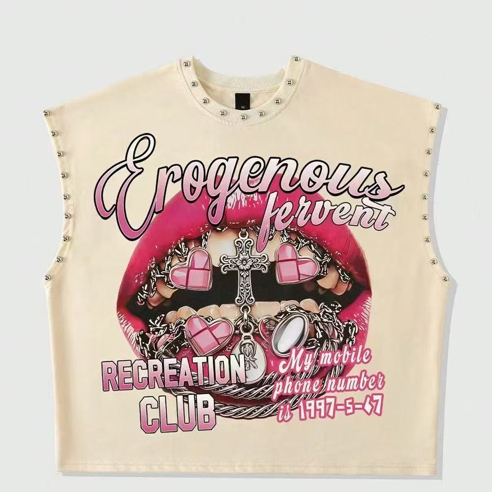 Vintage Multi Graphic Rivet Sleeveless Crop Tank Top