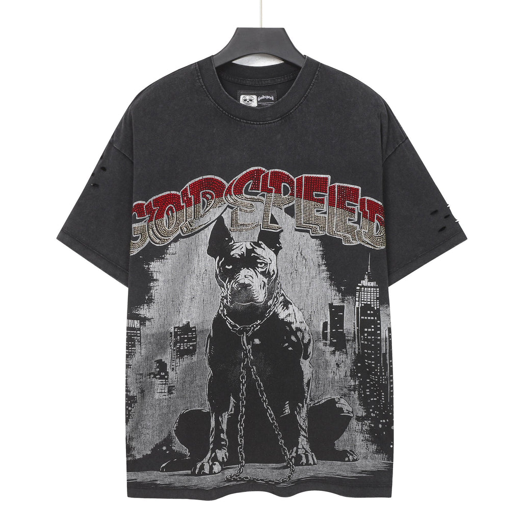 Godspeed Dog Graphic Distressed Sleeve T-Shirt