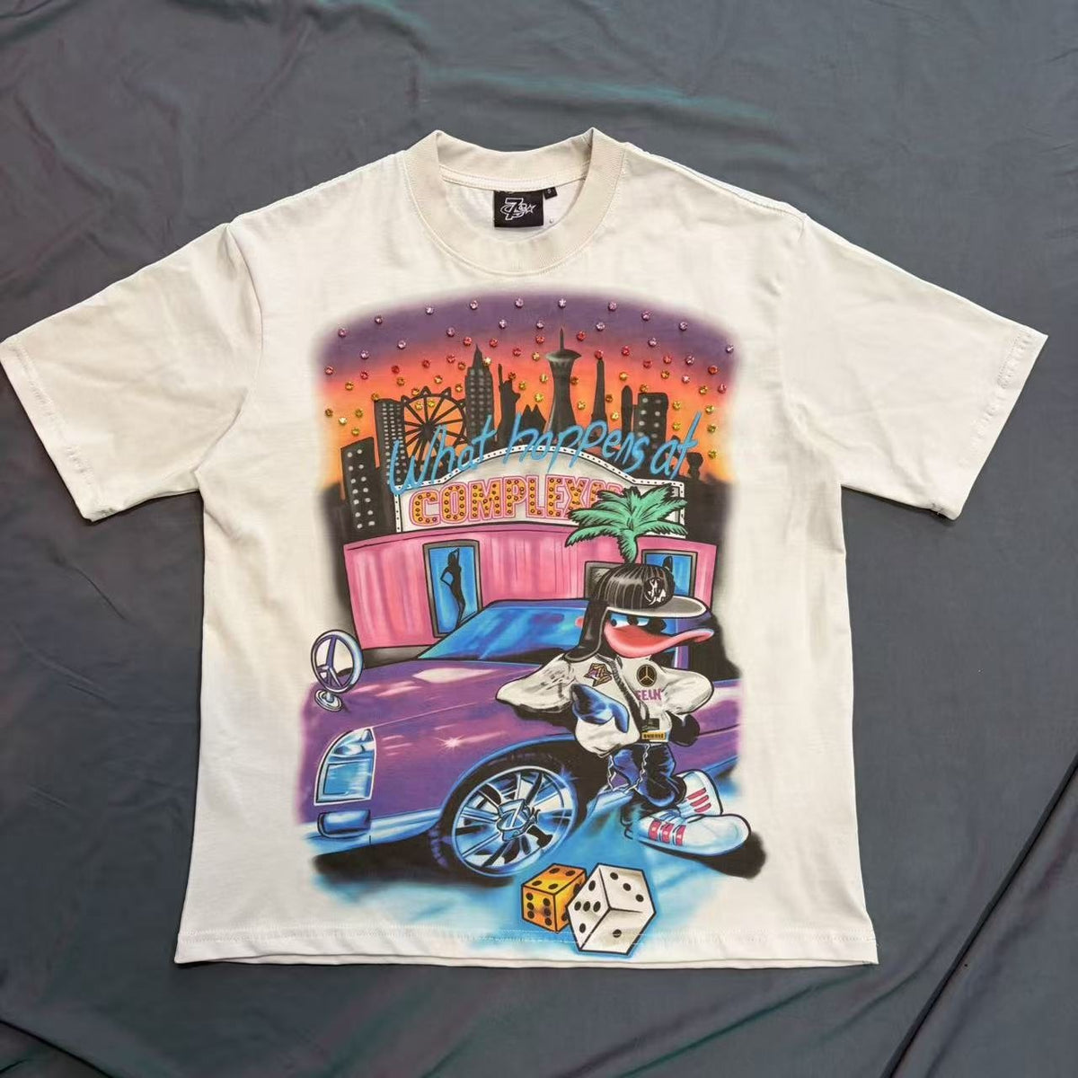 TRIPLE SEVENS Cream Rhinestone Graphic Short-Sleeve T-Shirt