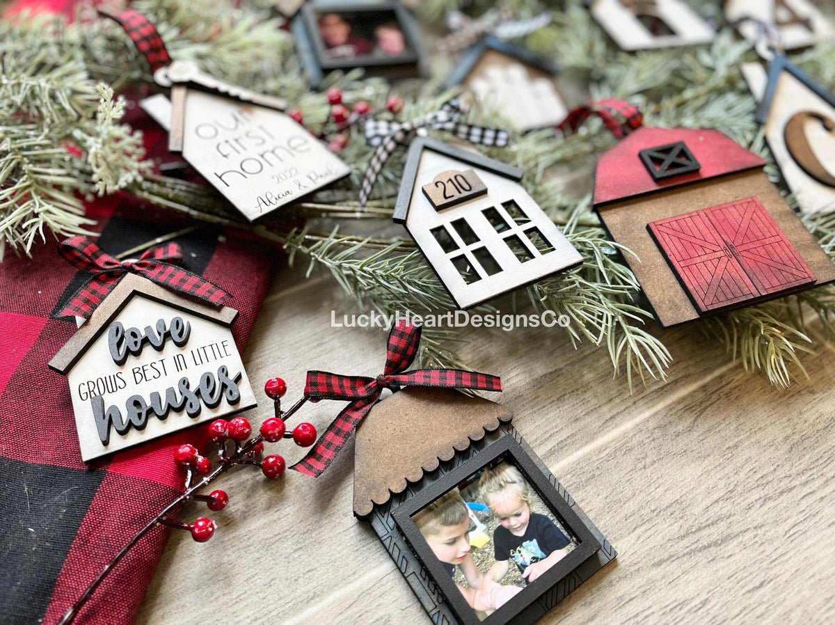 Christmas Houses Ornament File SVG, Glowforge Shiplap Farmhouse, LuckyHeartDesignsCo