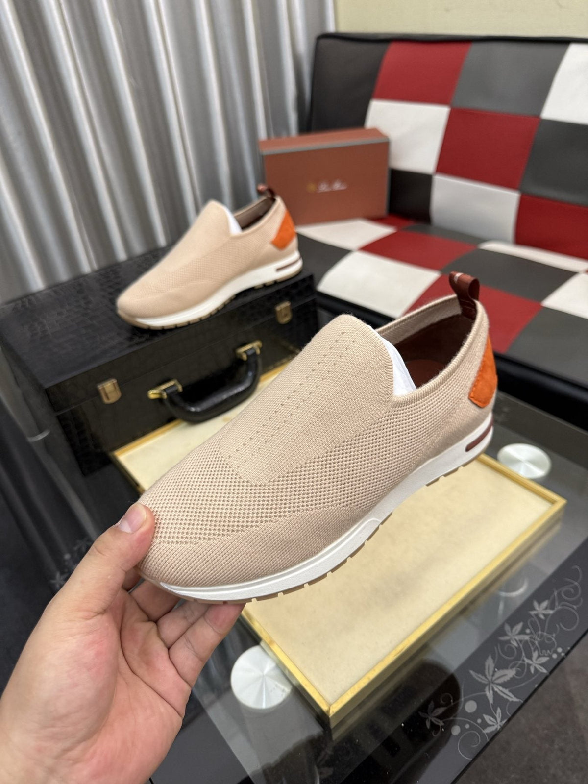 Men's Beige Slip-On Sneakers with Orange-Brown Heel Accent
