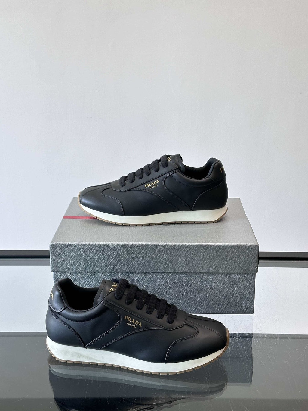Prada Men's Black Low-Top Sneakers - Black Upper With White And Tan Accents