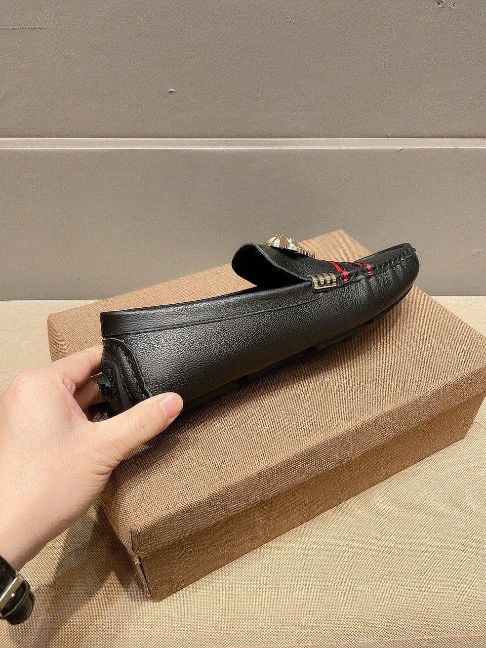 Versace Men's Black Red Stripe Slip-On Loafers