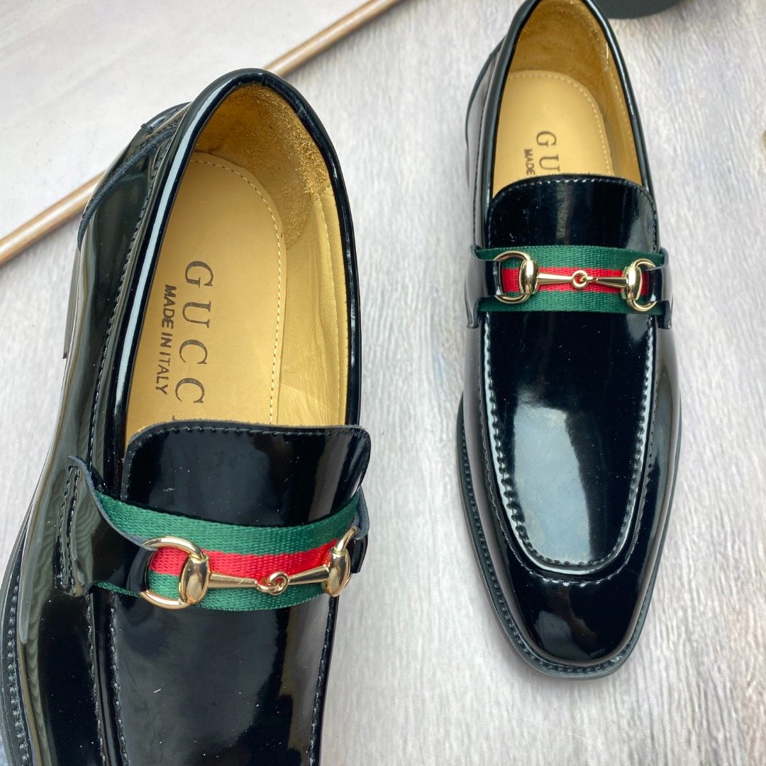 Gucci Black Patent Web Stripe Loafers