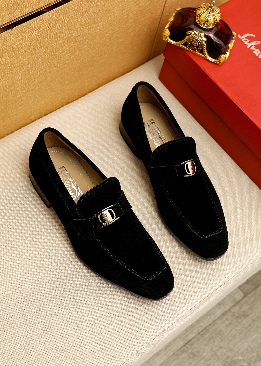 Ferragamo Men's Black Buckle Slip-On Loafers