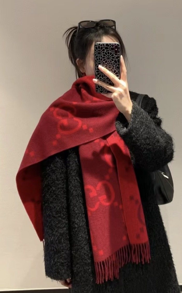 Deep Red Patterned Fringed Scarf Shawl