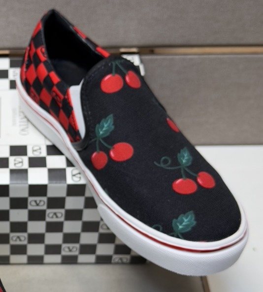 Vans Men's Cherry Checkerboard Slip-On Shoes - Black, Red & White