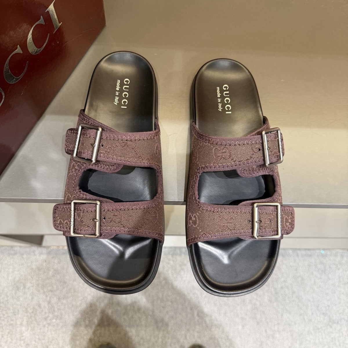 Gucci Men's Double-Buckle Monogram Slide Sandals