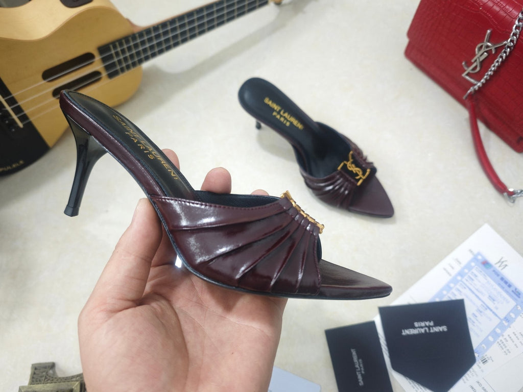 Saint Laurent Women's Ruched Logo Mule Heels
