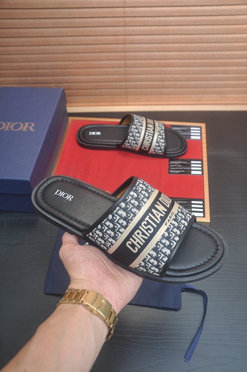 Dior Patterned Strap Slide Sandals - Black, Beige & Gray