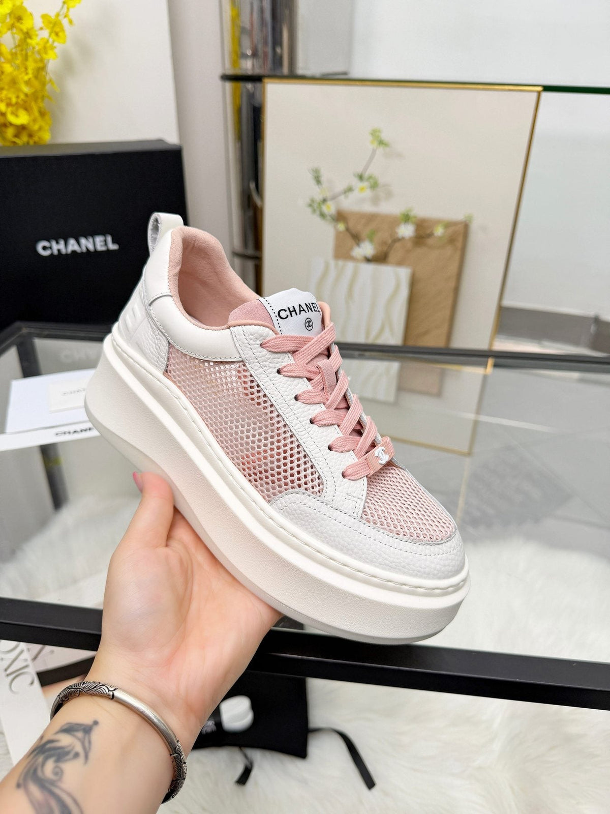 CHANEL Women's White Platform Low-Top Sneakers