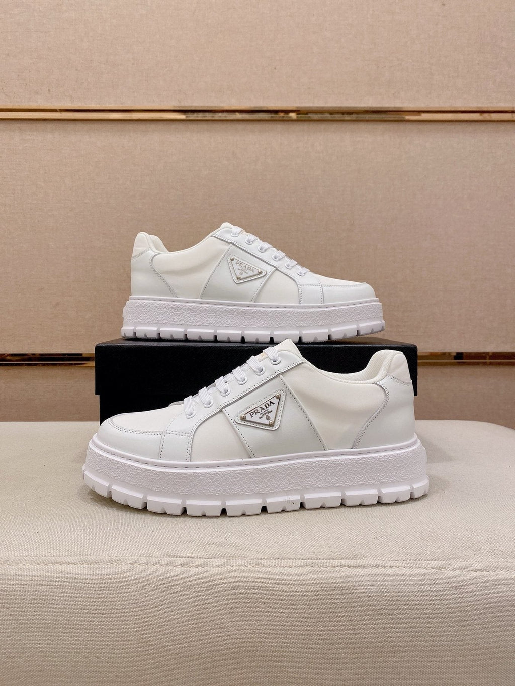 Prada Triangle Plaque Low-Top Sneakers - Treaded Rubber Sole