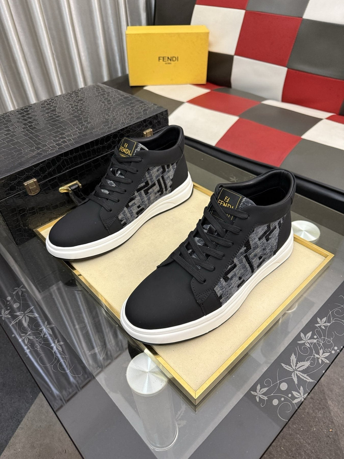 Fendi Patterned-Panel Lace-Up Sneakers