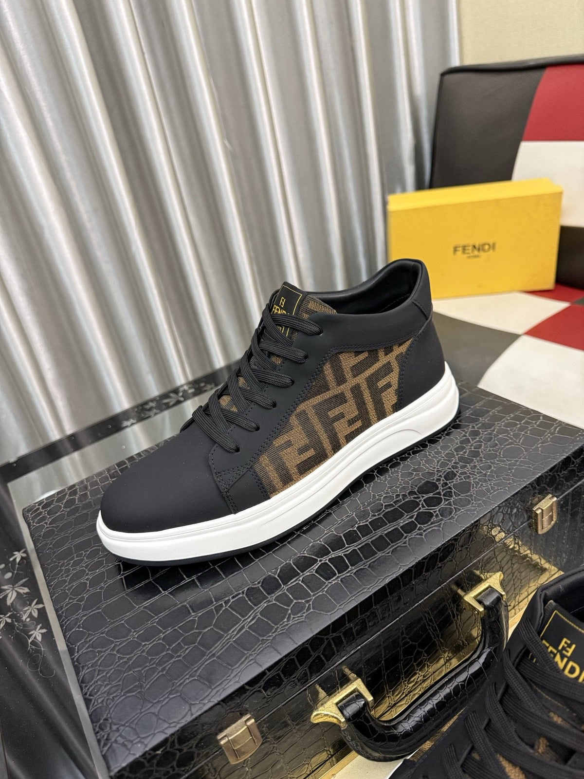 Fendi Patterned-Panel Lace-Up Sneakers