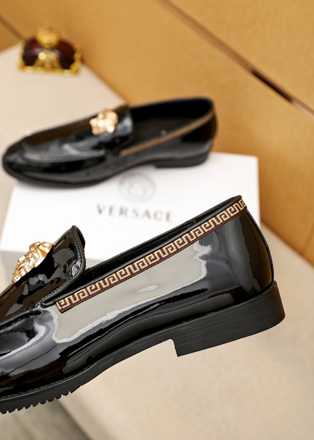 Versace Black Glossy Hardware Loafers