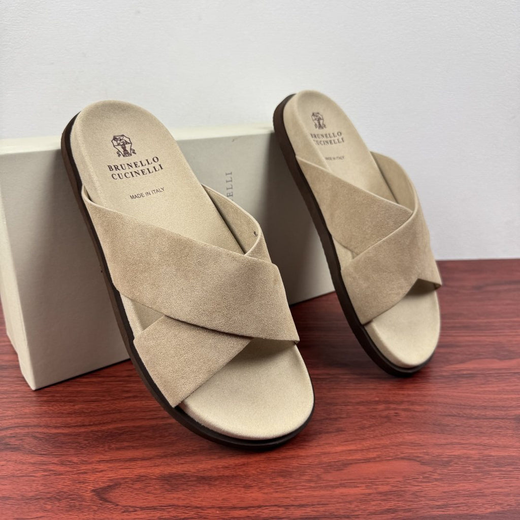 Brunello Cucinelli Men's Cross-Strap Slide Sandals - Low-Profile Dark Sole
